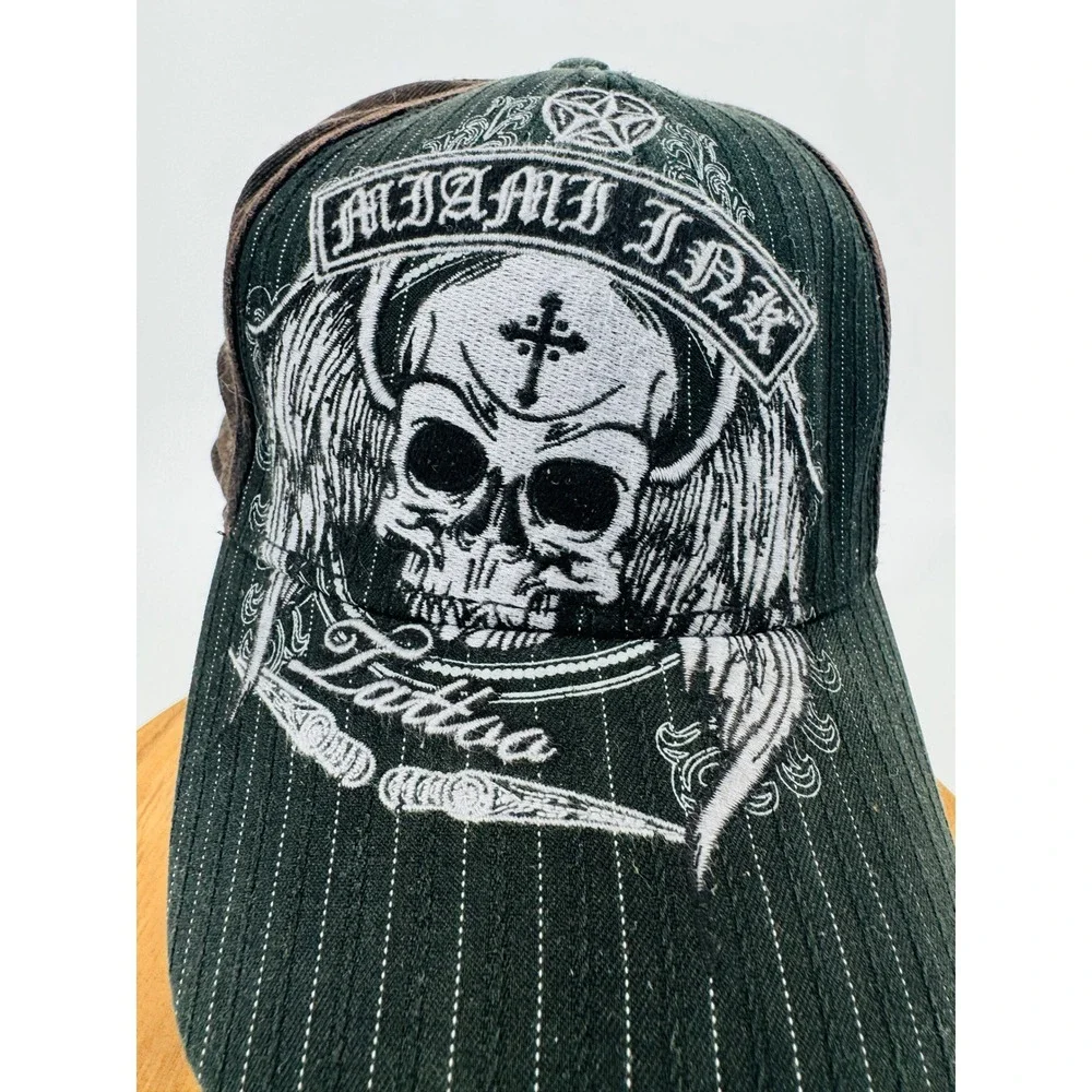 Miami Ink Tattoo Hat Mens OS Black Brown Skull Pinstripe TekerFlex Cap
